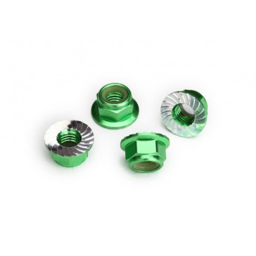 Nuts, 5mm flanged nylon locking (aluminum, green-anodized, serrated)