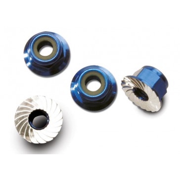 Nuts, aluminum, flanged, serrated (4mm) (blue-anodized) (4)