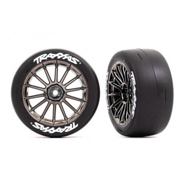 Tires and wheels, assembled, glued (multi-spoke black chrome wheels,