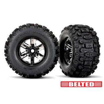 Tires & wheels, assembled, glued (X-Maxx black chrome wheels, Sledgeh