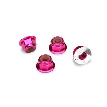 NUTS, 4MM FLANGED NYLON LOCKING (ALUMINIUM, PINK ANODIZED