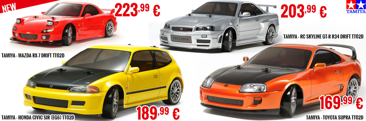 New - Tamiya - Honda Civic SiR, Skyline GT-R R34 drift, Mazda RX-7 Drift, Toyota Supra - TT02D