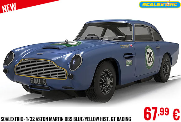 New - Scalextric - 1/32 Aston Martin DB5 Blue/Yellow Hist. GT Racing